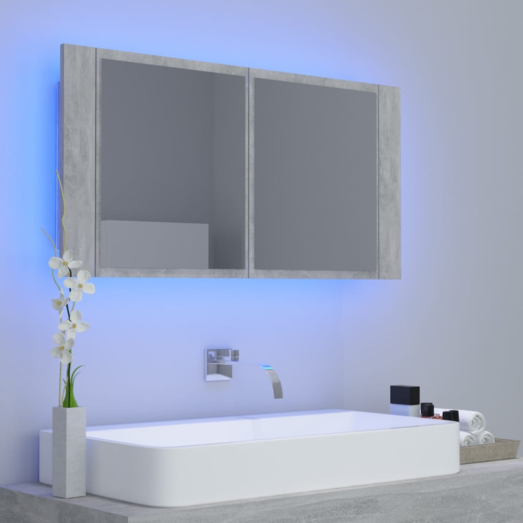vidaXL Spegelskåp med LED betonggrå 90x12x45 cm akryl