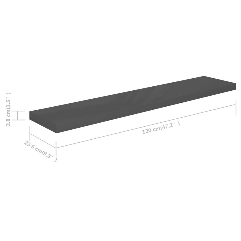 vidaXL Svävande vägghylla grå högglans 120x23,5x3,8 cm MDF