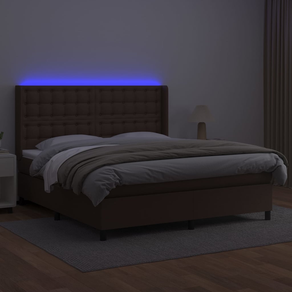 vidaXL Ramsäng med madrass & LED brun 180x200 cm konstläder