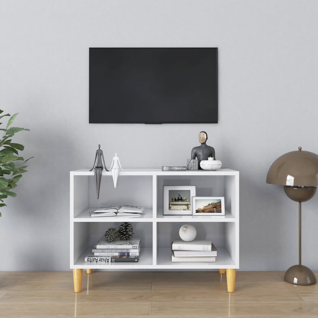 vidaXL TV-bänk med massiva ben vit högglans 69,5x30x50 cm