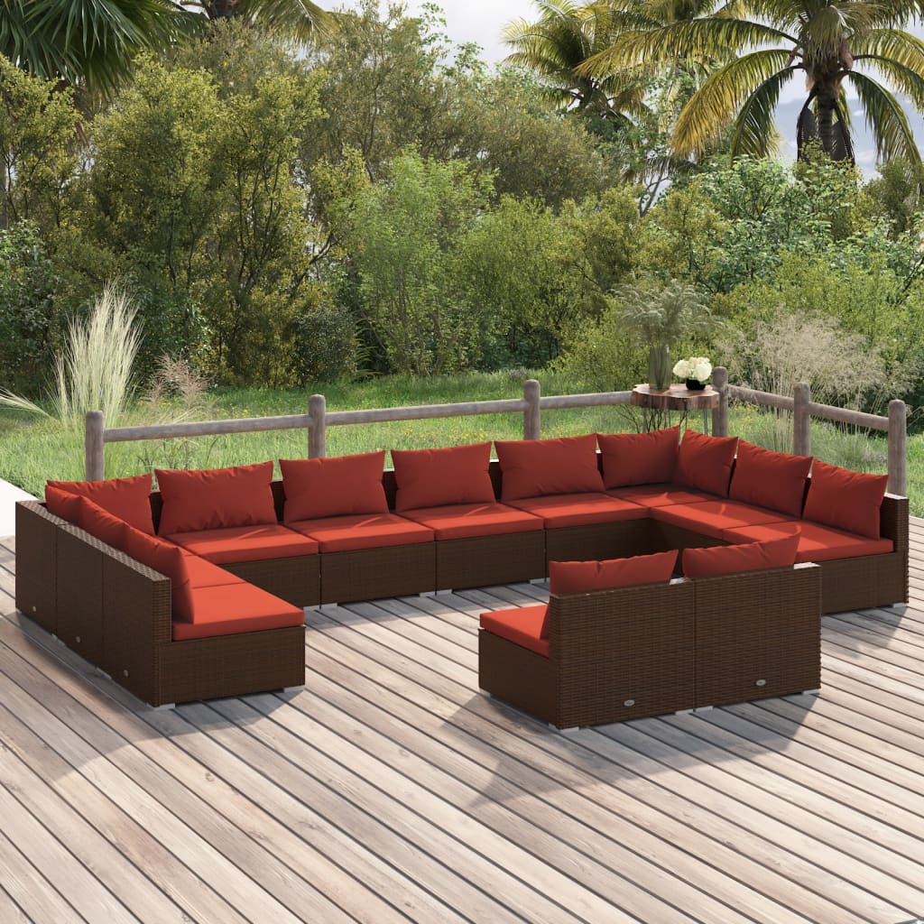 vidaXL Loungegrupp för trädgården med dynor 12delar brun konstrotting