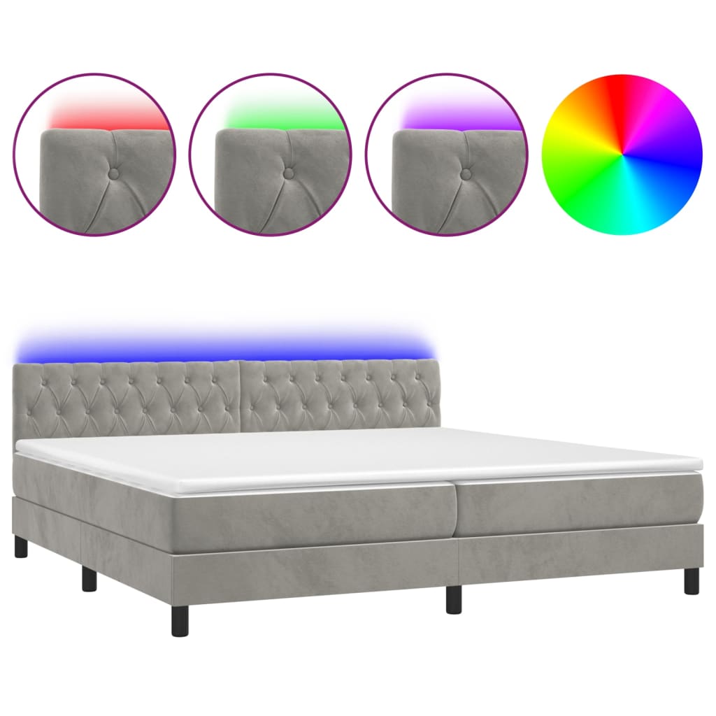 vidaXL Ramsäng med madrass & LED ljusgrå 200x200 cm sammet