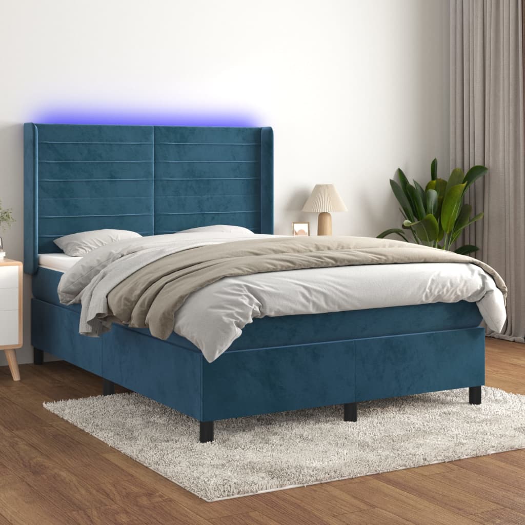 vidaXL Ramsäng med madrass & LED mörkblå 140x190 cm sammet