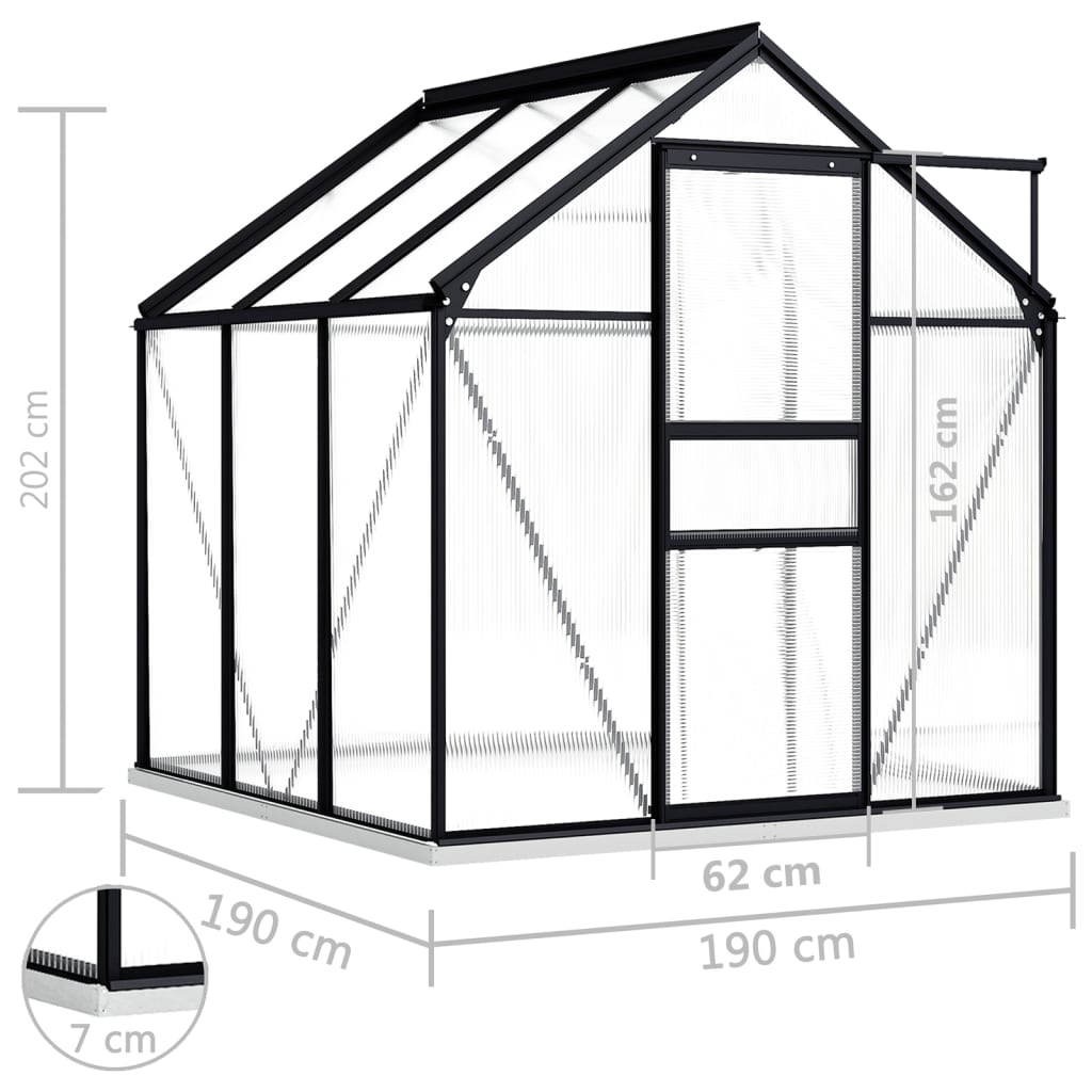 vidaXL Växthus med basram antracit aluminium 3,61 m²