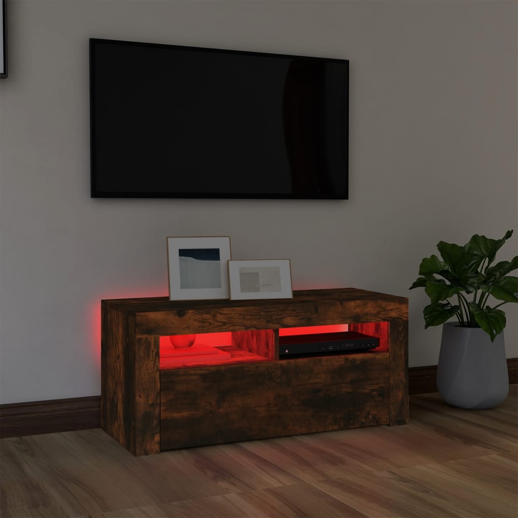 vidaXL Tv-bänk med LED-belysning rökfärgad ek 90x35x40 cm