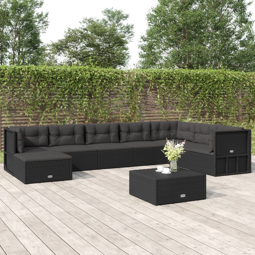 vidaXL Loungegrupp för trädgården med dynor 8 delar svart konstrotting