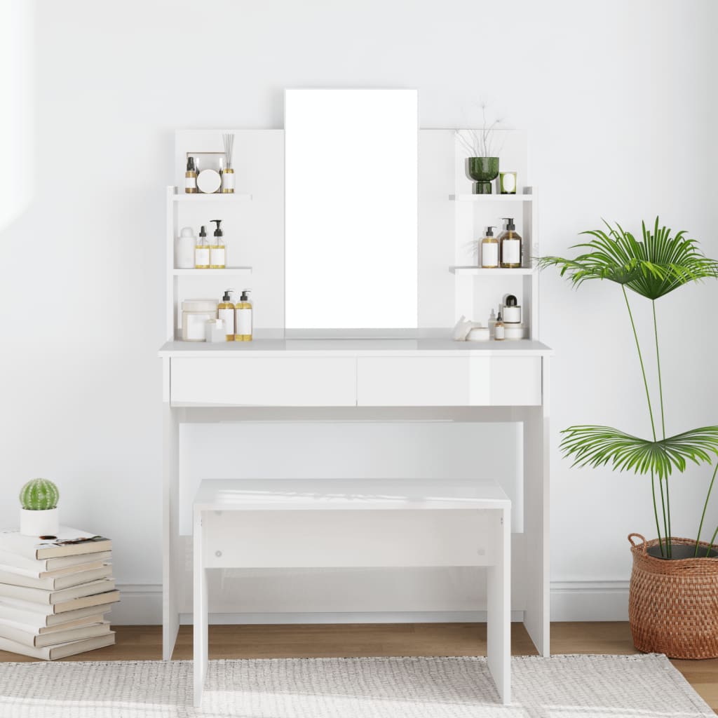 vidaXL Sminkbord med spegel vit högglans 96x40x142 cm