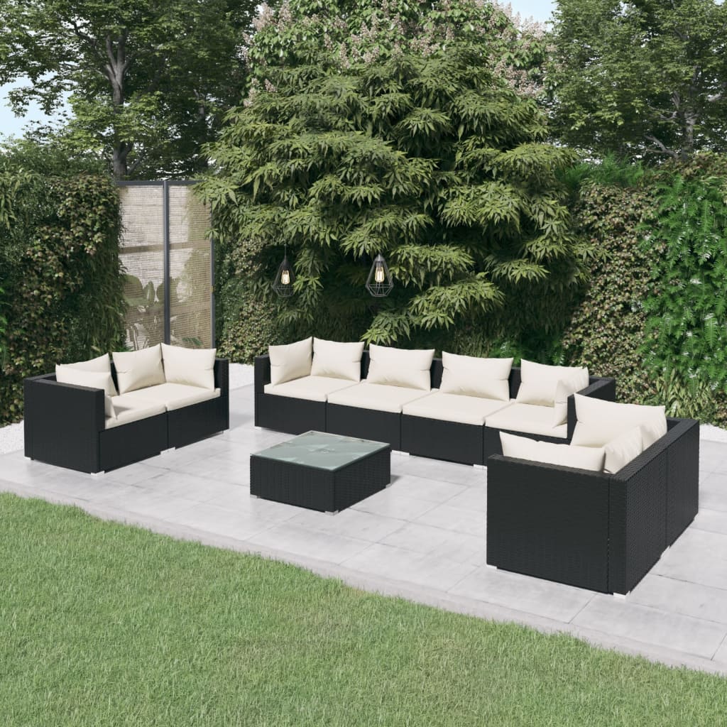 vidaXL Loungegrupp för trädgården med dynor 9 delar konstrotting svart