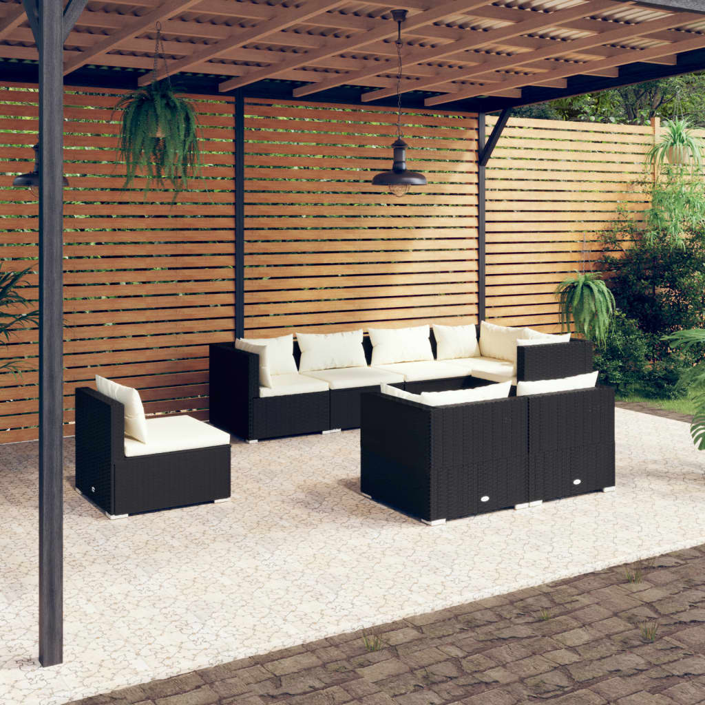 vidaXL Loungegrupp för trädgården m. dynor 8 delar konstrotting svart