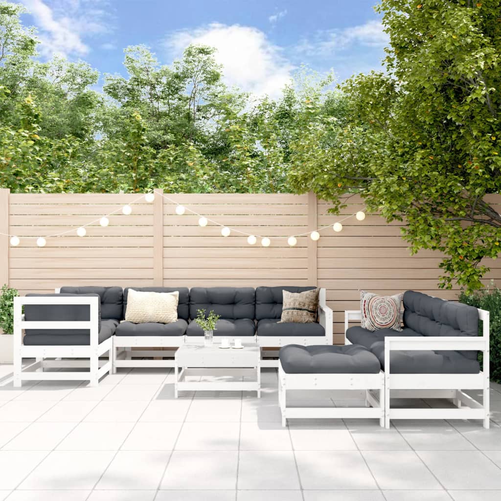 vidaXL Loungegrupp för trädgården med dynor 10 delar vit massivt trä