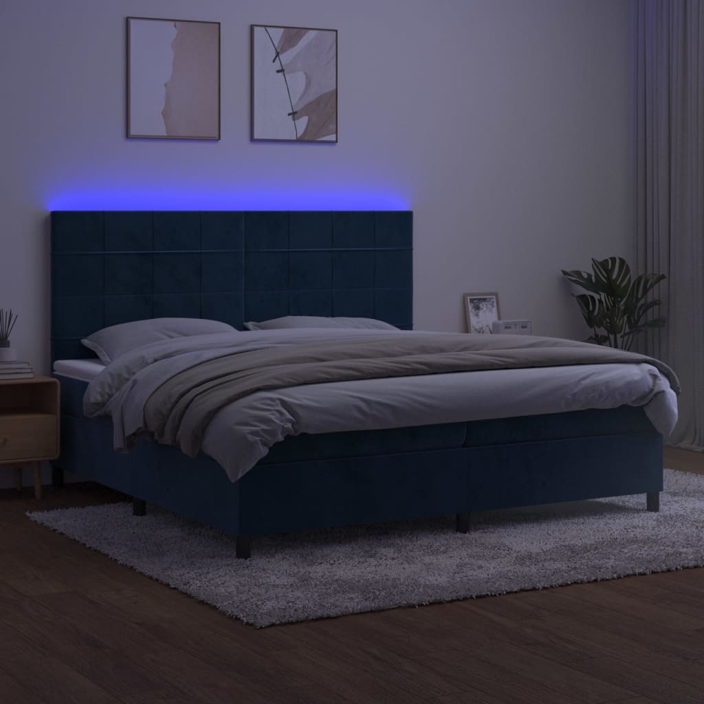 vidaXL Ramsäng med madrass & LED mörkblå 200x200 cm sammet