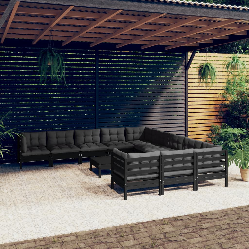 vidaXL Loungegrupp för trädgården med dynor 12 delar svart massiv furu