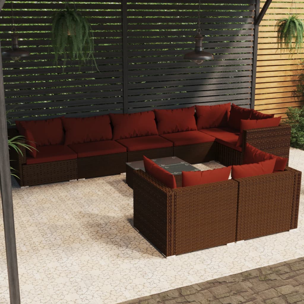 vidaXL Loungegrupp för trädgården med dynor 9 delar brun konstrotting