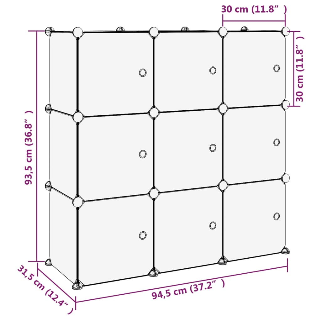vidaXL Förvaringskuber stapelbara 9 kuber med dörrar svart PP