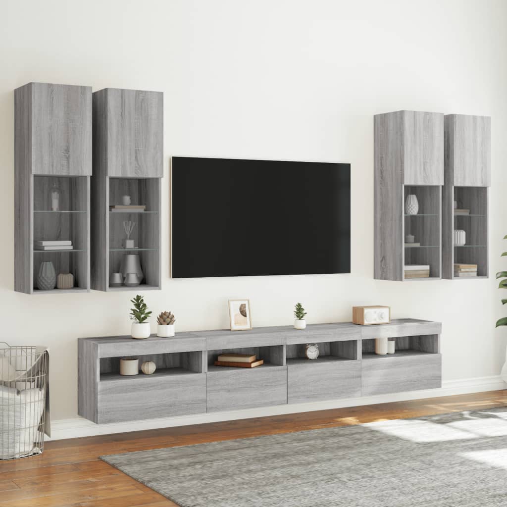 vidaXL Väggmonterade tv-skåp 7 delar med LEDs grå sonoma