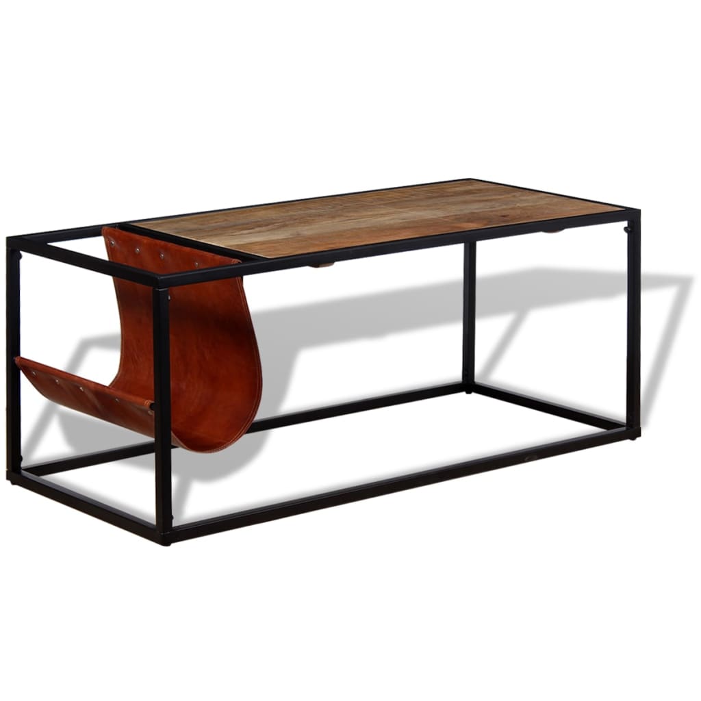 vidaXL Soffbord med tidningsställ 110x50x45 cm äkta läder