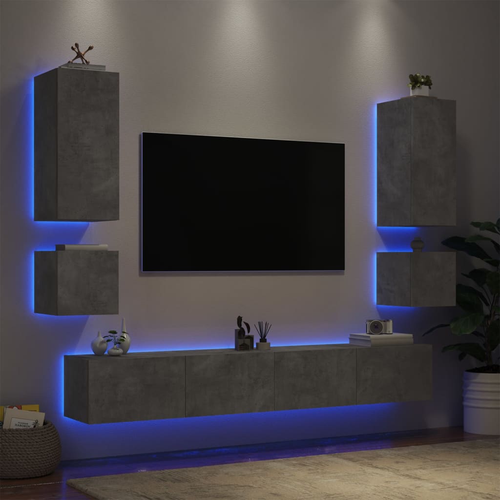 vidaXL Väggmonterade TV-skåp 6 delar LEDs betonggrå