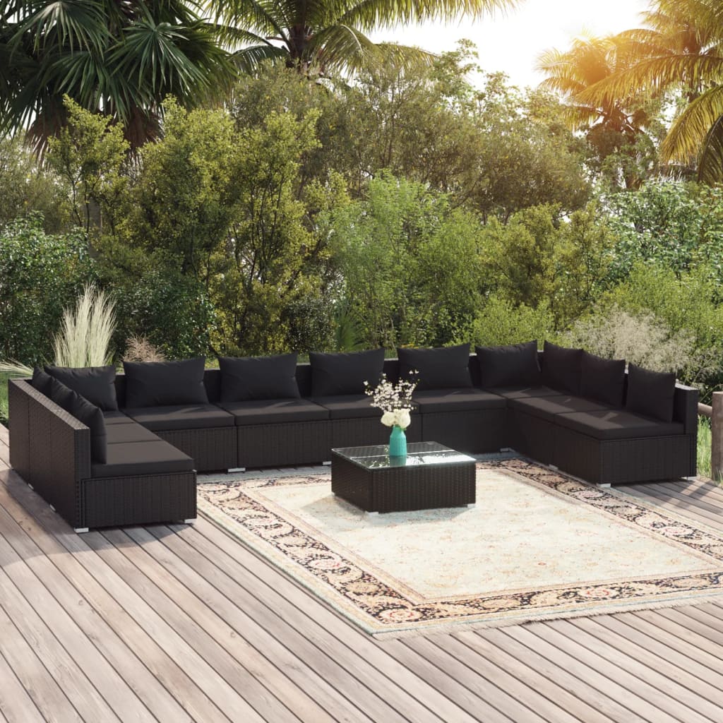 vidaXL Loungegrupp för trädgården m dynor 11 delar konstrotting svart