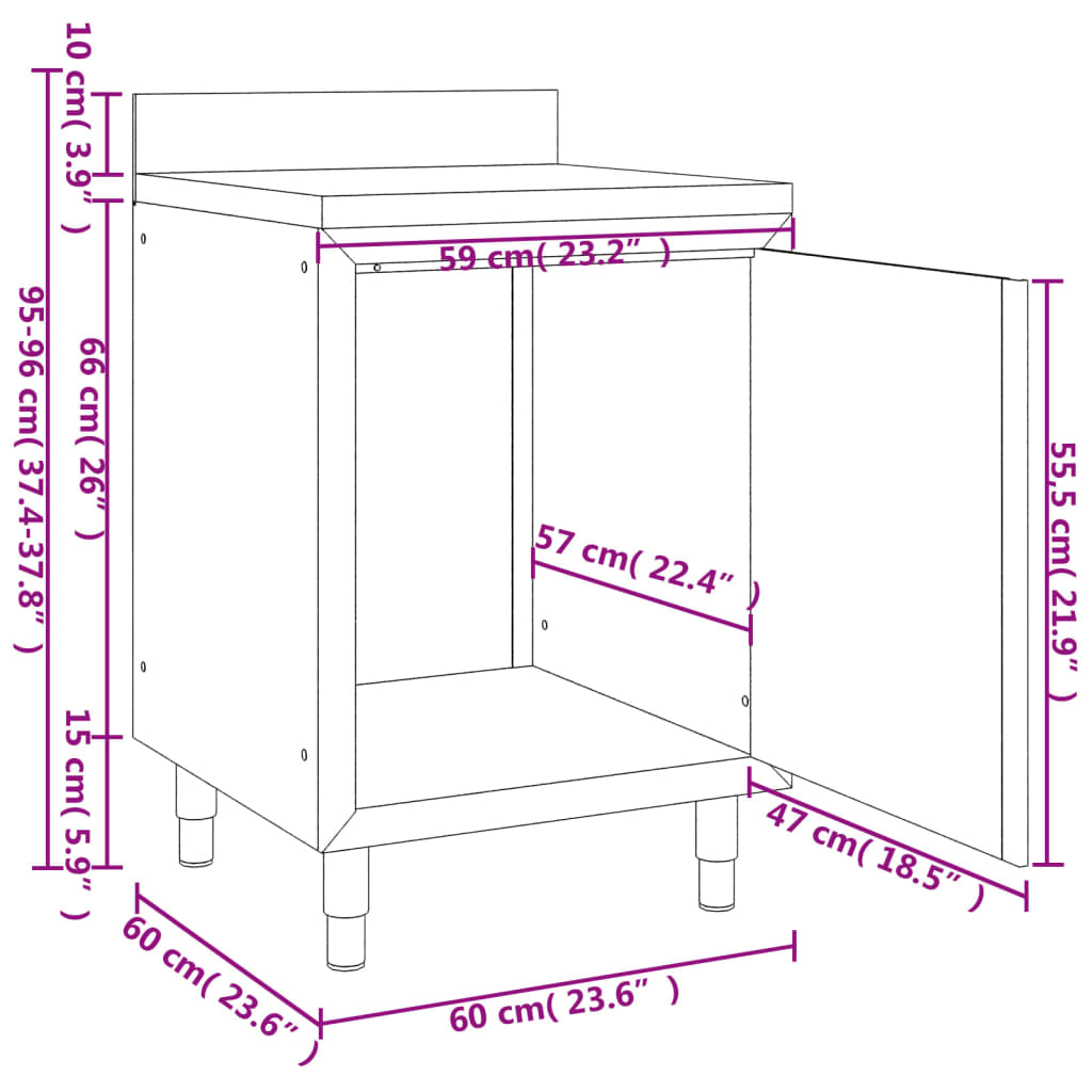 vidaXL Arbetsbord med skåp för storkök 60x60x96 cm rostfritt stål