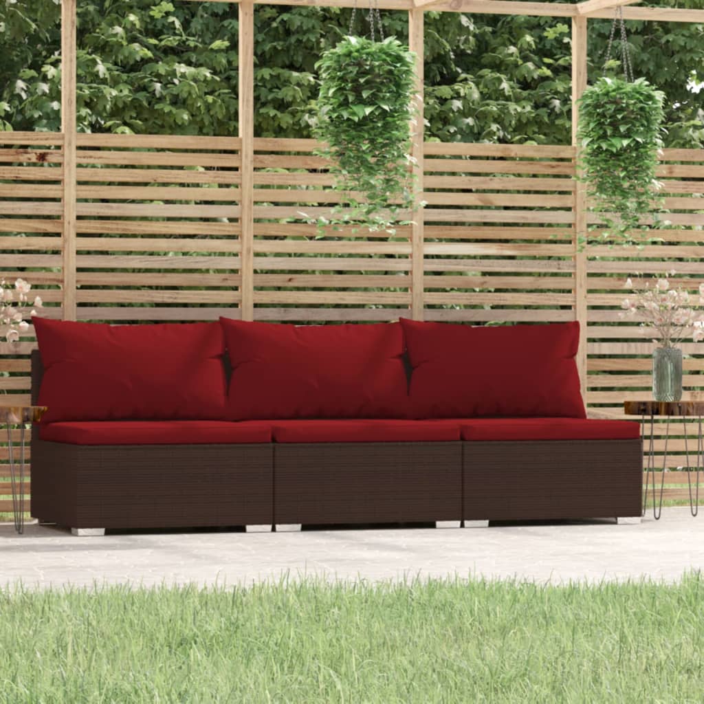 vidaXL Trädgårdssoffa 3-sits med dynor brun konstrotting
