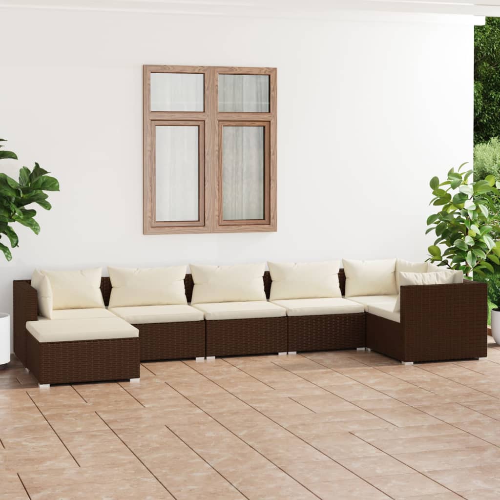 vidaXL Loungegrupp för trädgården med dynor 7 delar konstrotting brun