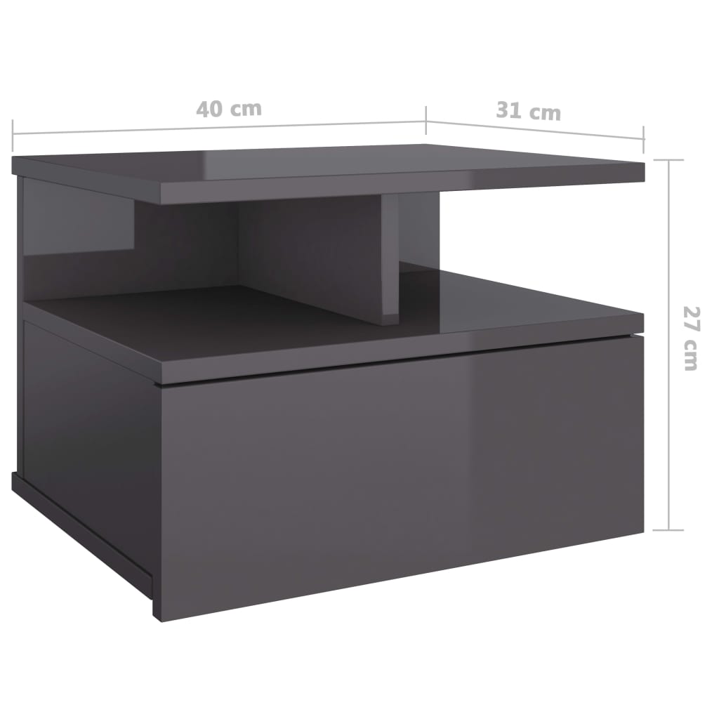 vidaXL Svävande sängbord 2 st grå högglans 40x31x27 cm konstruerat trä