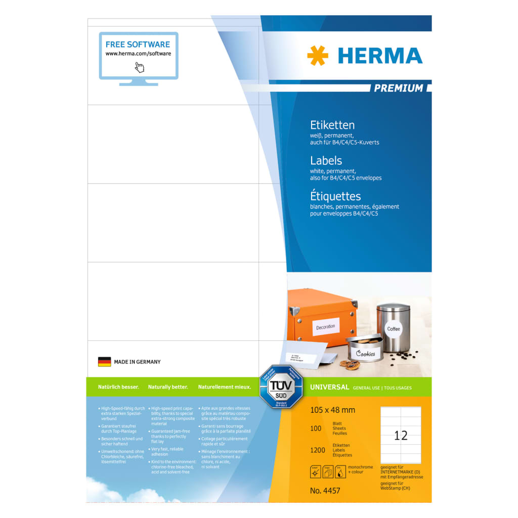 HERMA Permanenta etiketter PREMIUM A4 105x48 mm 100 ark