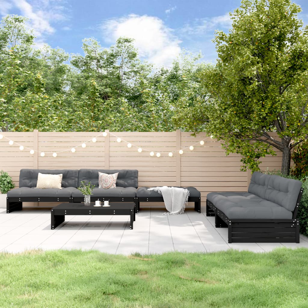 vidaXL Loungegrupp för trädgården med dynor 6 delar svart massivt trä