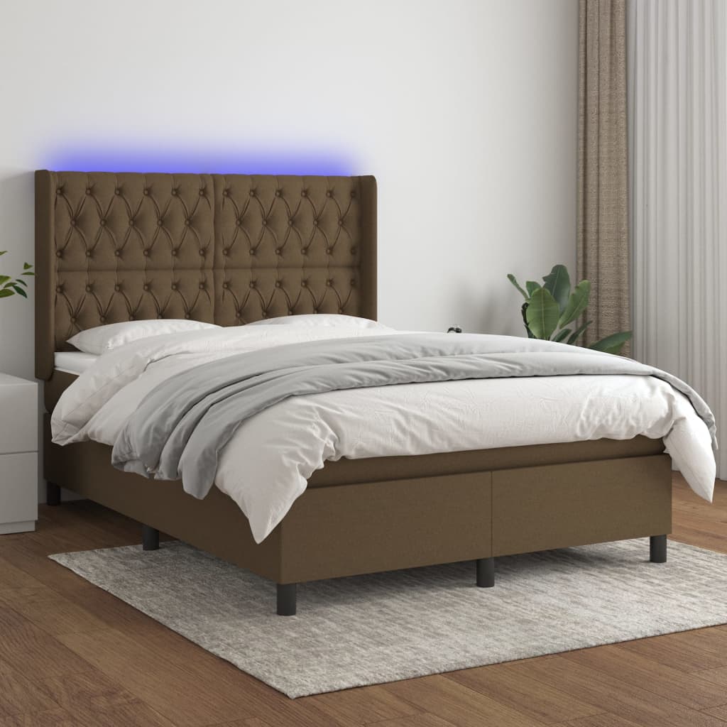 vidaXL Ramsäng med madrass & LED mörkbrun 140x200 cm tyg