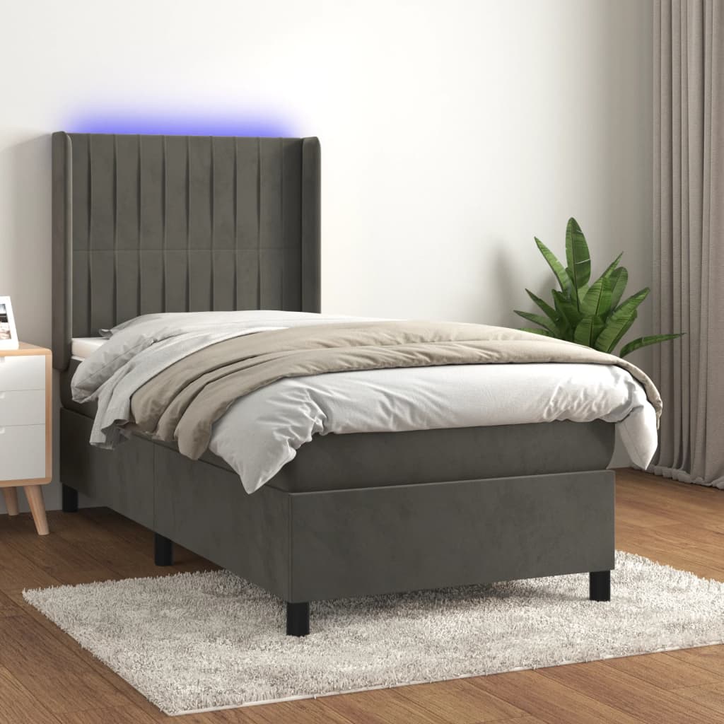 vidaXL Ramsäng med madrass & LED mörkgrå 90x200 cm sammet