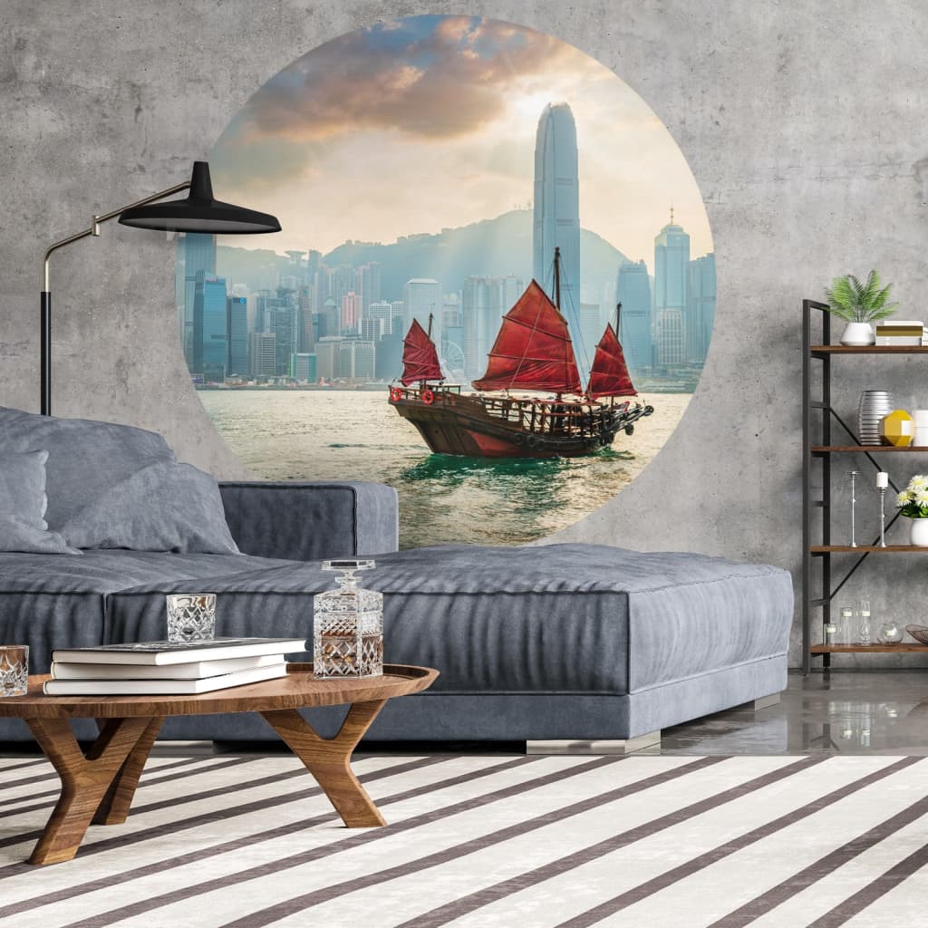 WallArt Tapet cirkelformad Skyline with Junk Boat 142,5 cm