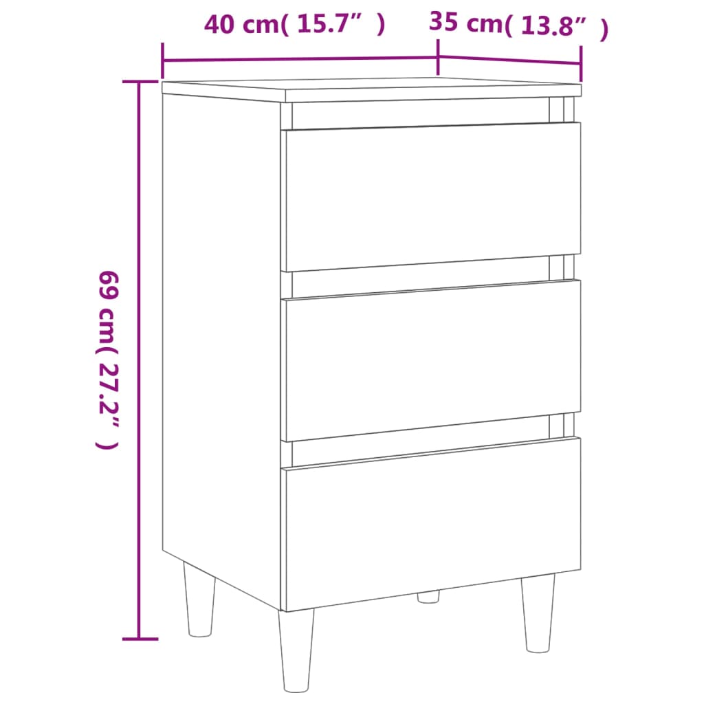 vidaXL Sängbord med ben i massivt trä betonggrå 40x35x69 cm