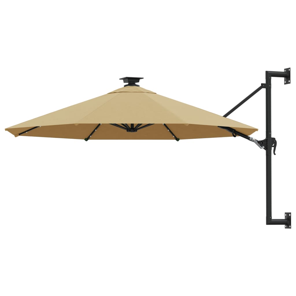 vidaXL Väggmonterat parasoll med LED och metallstång 300 cm taupe