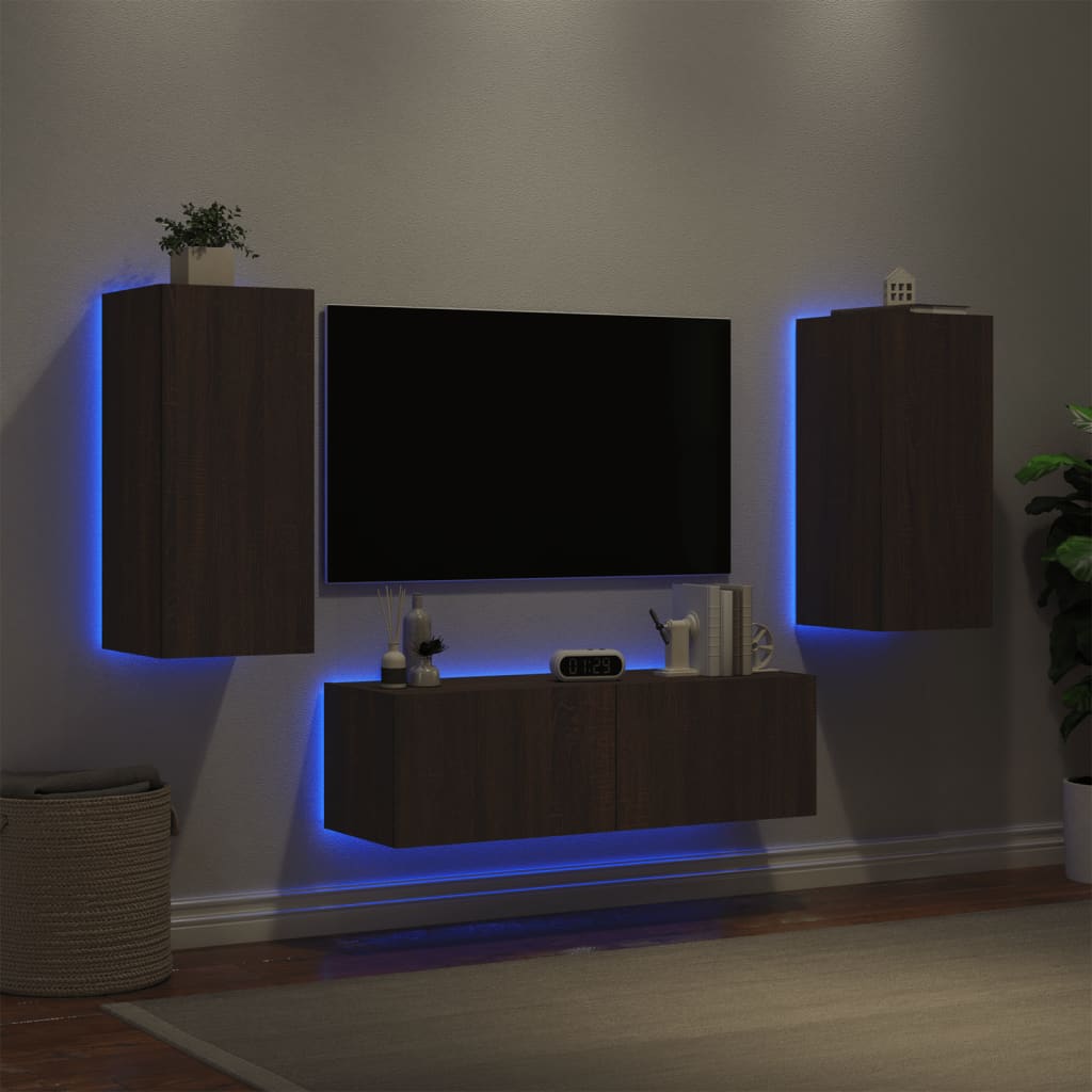 vidaXL Väggmonterade tv-skåp 3 delar med LEDs brun ek