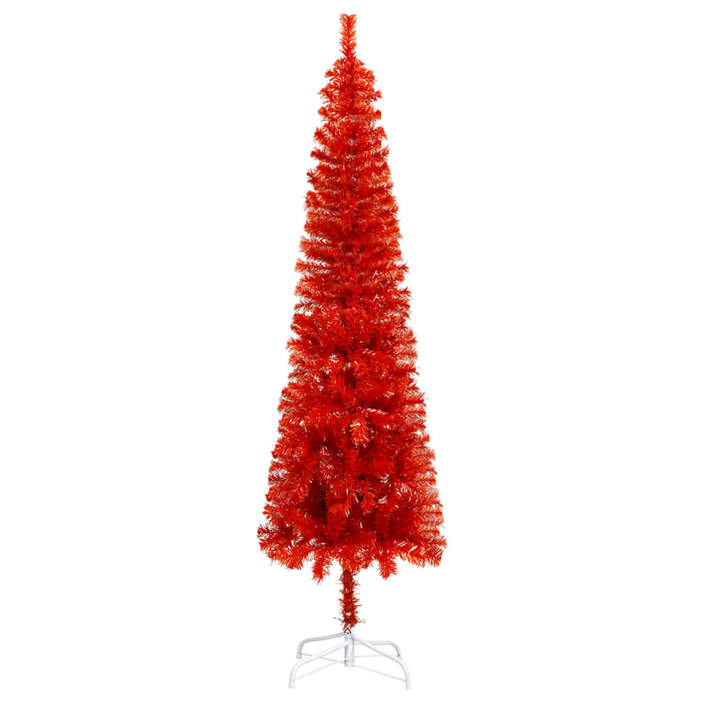 vidaXL Plastgran smal med LED och julgranskulor röd 240 cm