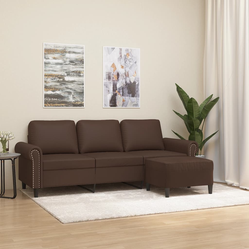 vidaXL 3-sitssoffa med fotpall brun 180 cm konstläder
