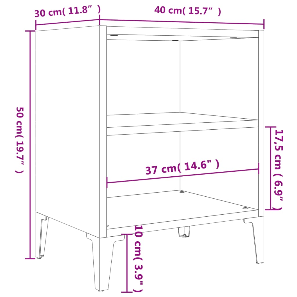 vidaXL Sängbord med metallben sonoma-ek och vit 40x30x50 cm