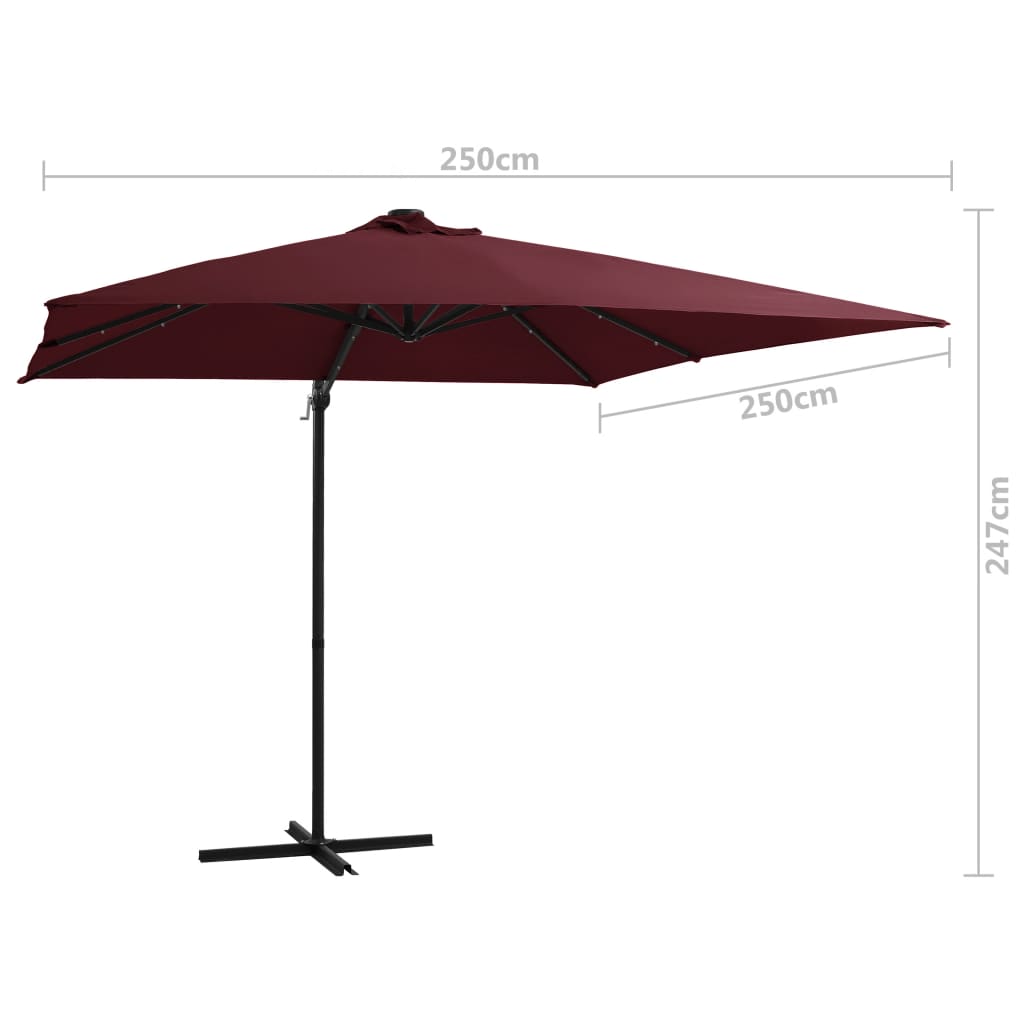 vidaXL Frihängande parasoll med LED vinröd 250x250 cm