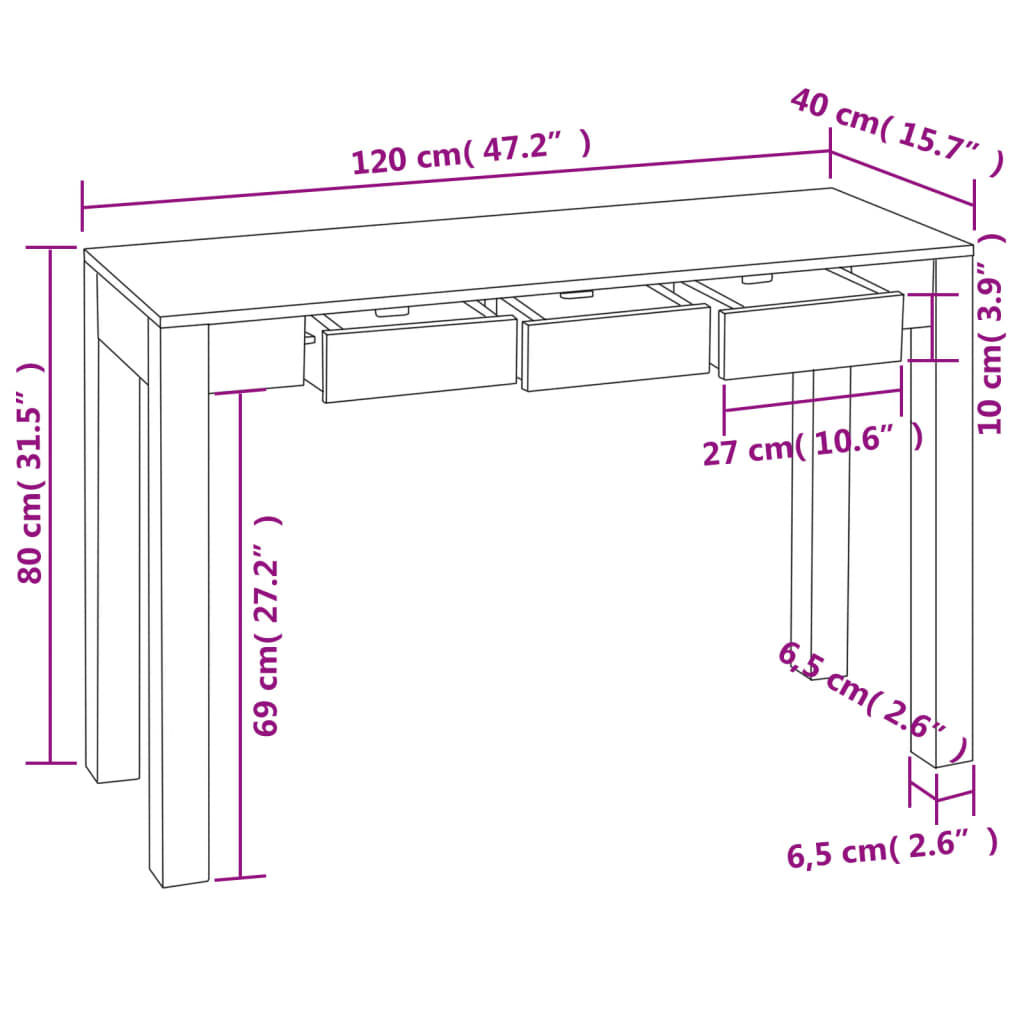 vidaXL Avlastningsbord med 3 lådor 80 cm massivt sheshamträ