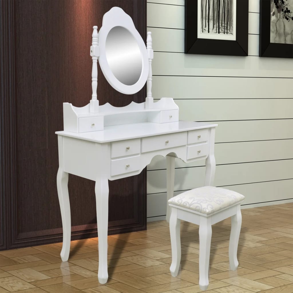 vidaXL Sminkbord med spegel och pall 7 lådor vit