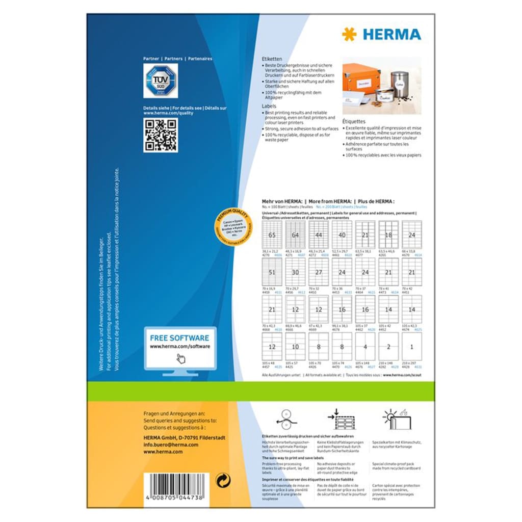 HERMA Permanenta etiketter PREMIUM A4 70x41 mm 100 ark