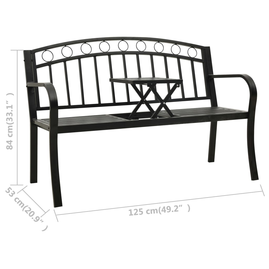 vidaXL Trädgårdsbänk med bord 125 cm stål svart