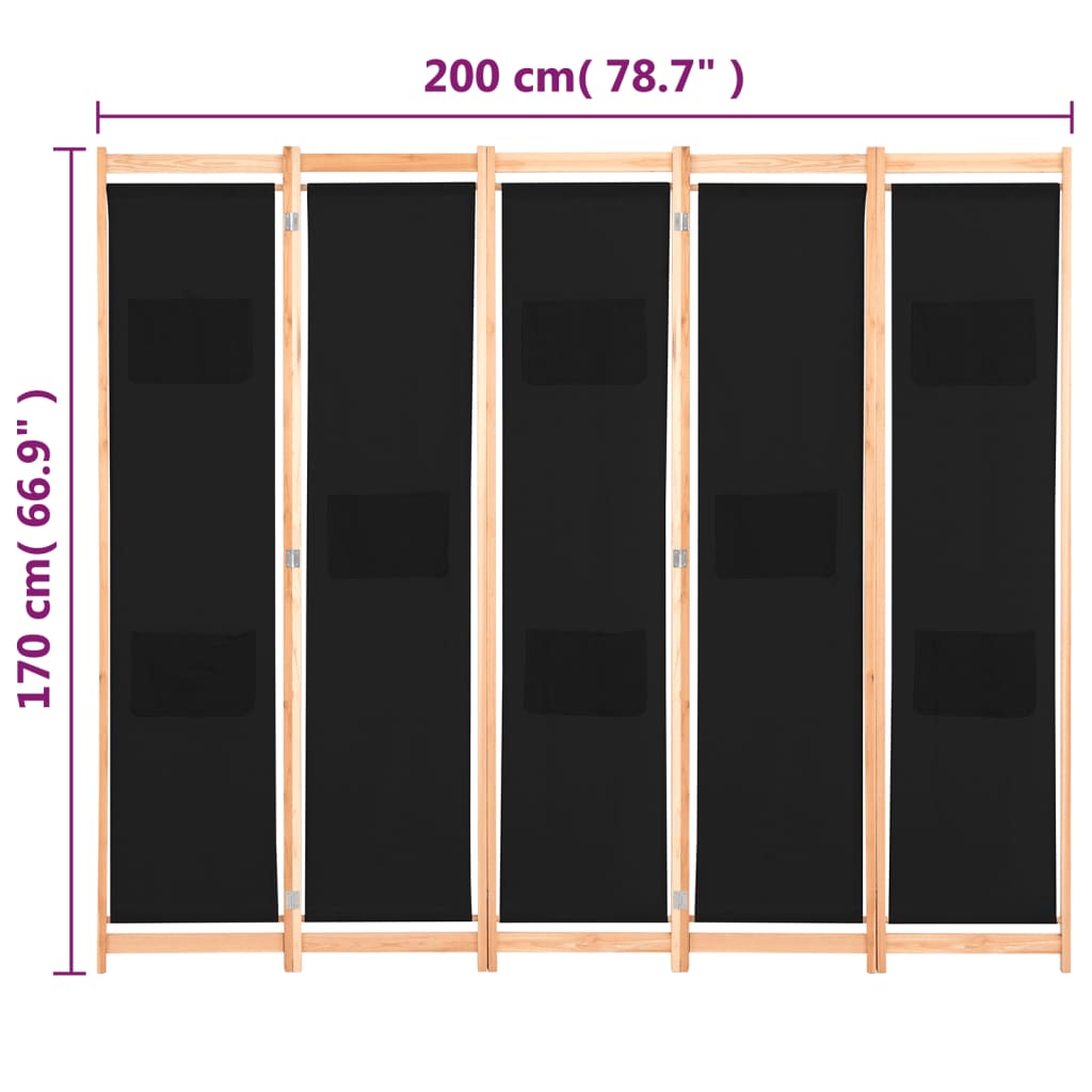 vidaXL Rumsavdelare 5 paneler 200x170x4 cm svart tyg