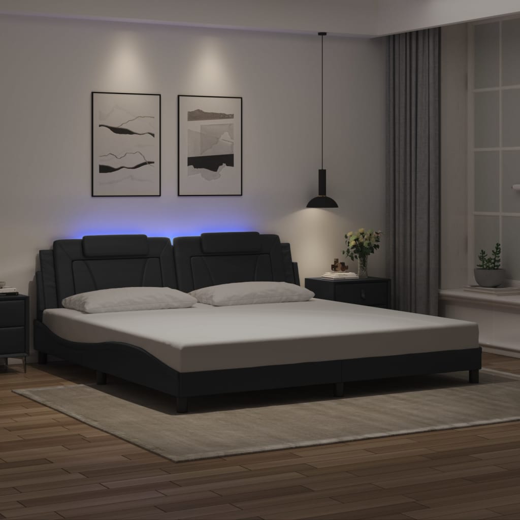 vidaXL Sängram med LED-belysning svart 200x200 cm konstläder