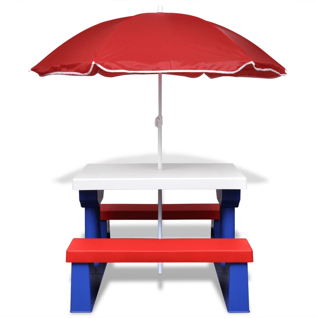 vidaXL Picknickbord med bänkar och parasoll för barn flerfärgad