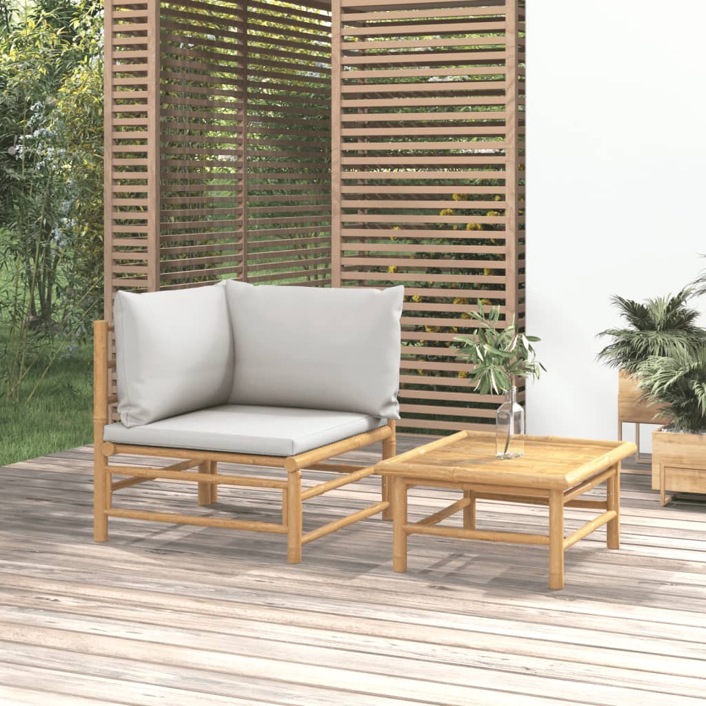 vidaXL Loungegrupp för trädgården 2 delar ljusgråa dynor bambu