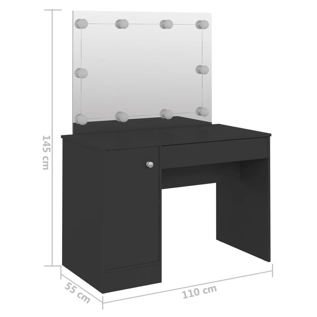 vidaXL Sminkbord med LED-belysning 110x55x145 cm MDF svart