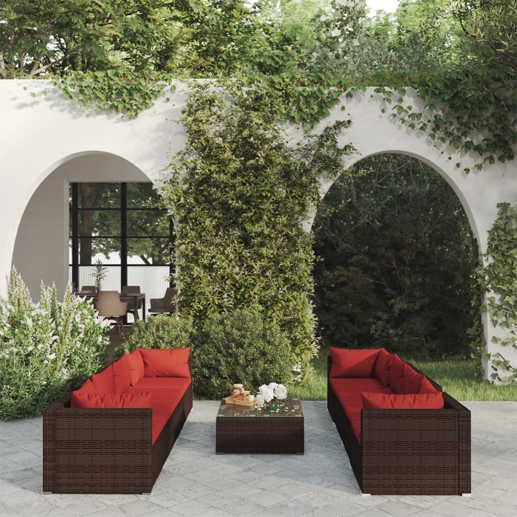 vidaXL Loungegrupp för trädgården med dynor 9 delar konstrotting brun