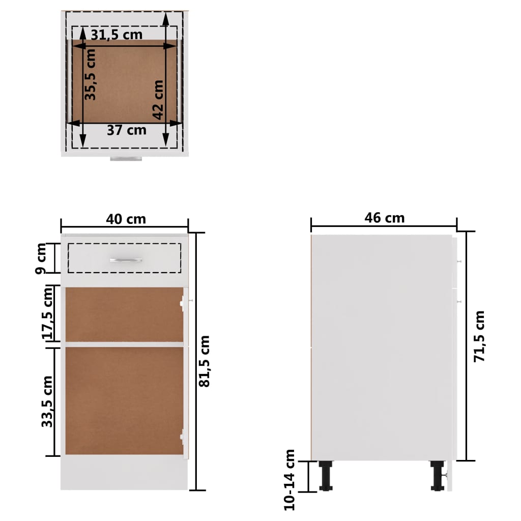 vidaXL Underskåp med låda vit högglans 40x46x81,5 cm konstruerat trä