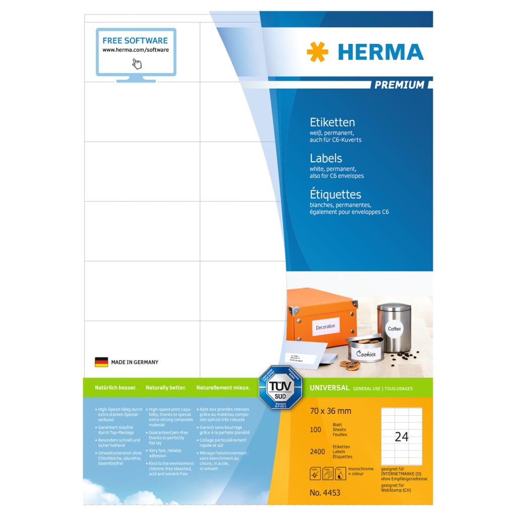 HERMA Permanenta etiketter PREMIUM A4 70x36 mm 100 ark